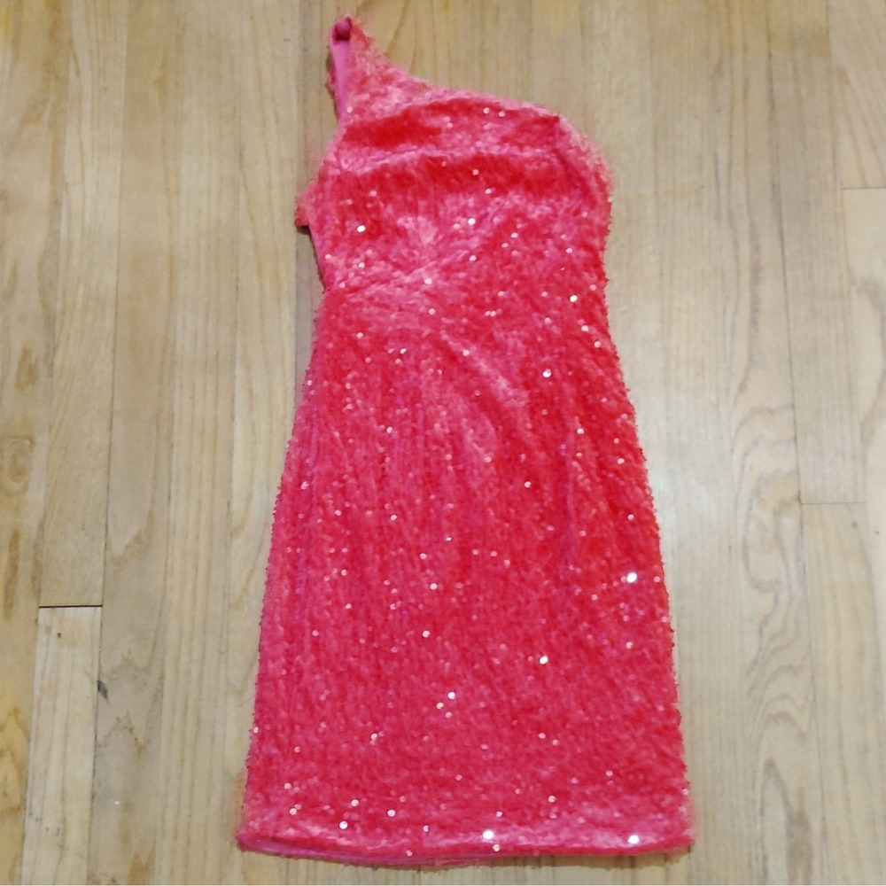 NWT LAVETIR Pink Sequin One Shoulder Bodycon Sleeveless Short Dress Size L